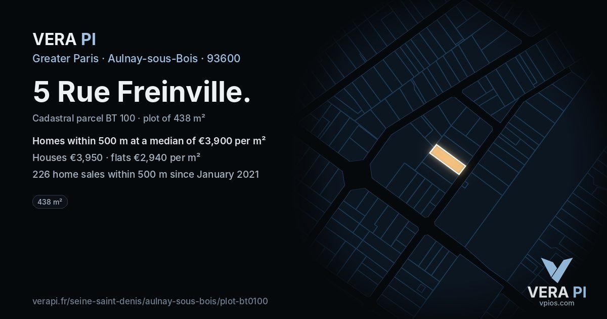 5 Rue Freinville, Aulnay-sous-Bois at night – the plot lit, the parcels around coloured by the prices near them