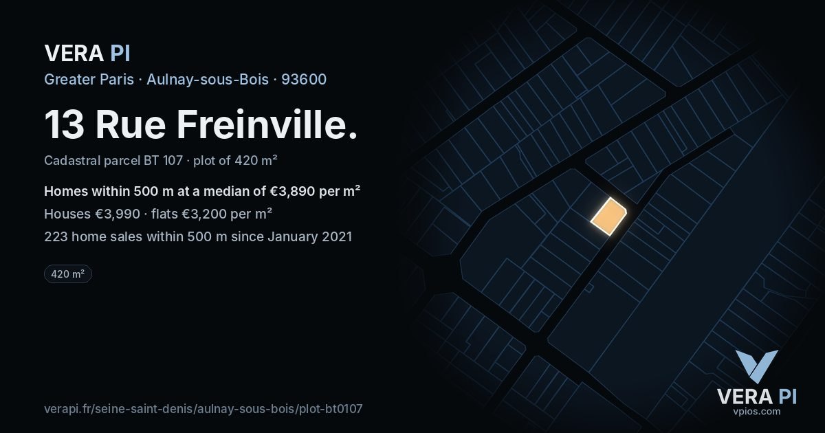 13 Rue Freinville, Aulnay-sous-Bois at night – the plot lit, the parcels around coloured by the prices near them