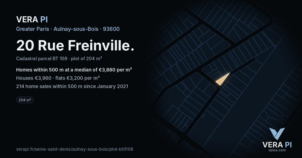 20 Rue Freinville, Aulnay-sous-Bois at night – the plot lit, the parcels around coloured by the prices near them