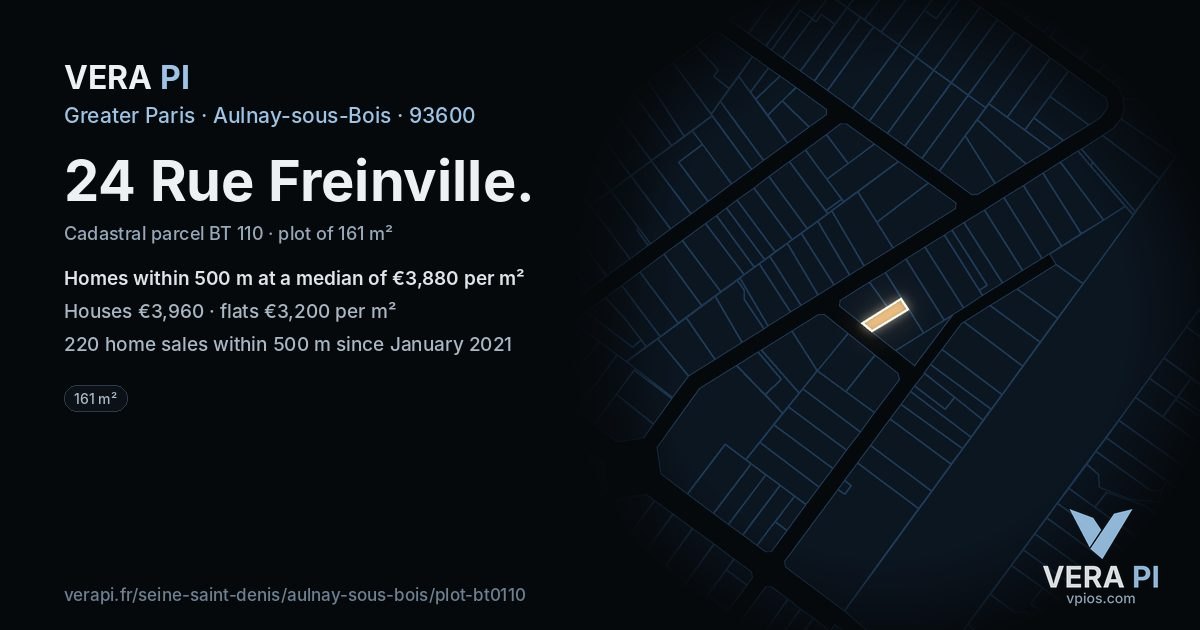 24 Rue Freinville, Aulnay-sous-Bois at night – the plot lit, the parcels around coloured by the prices near them