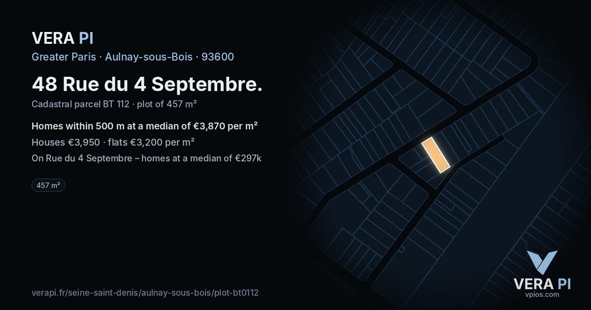 48 Rue du 4 Septembre, Aulnay-sous-Bois at night – the plot lit, the parcels around coloured by the prices near them