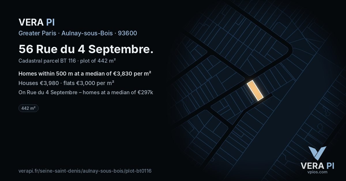 56 Rue du 4 Septembre, Aulnay-sous-Bois at night – the plot lit, the parcels around coloured by the prices near them