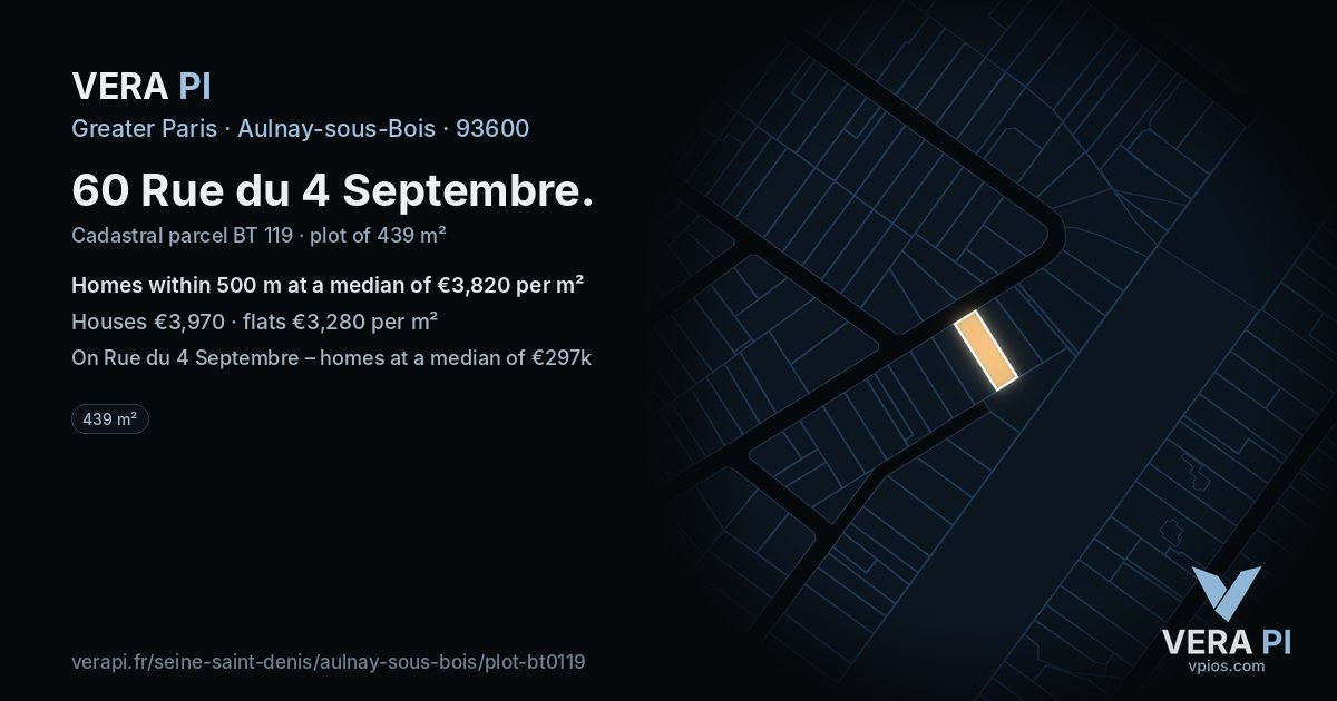 60 Rue du 4 Septembre, Aulnay-sous-Bois at night – the plot lit, the parcels around coloured by the prices near them