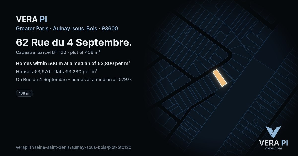 62 Rue du 4 Septembre, Aulnay-sous-Bois at night – the plot lit, the parcels around coloured by the prices near them