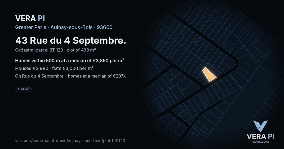 43 Rue du 4 Septembre, Aulnay-sous-Bois at night – the plot lit, the parcels around coloured by the prices near them