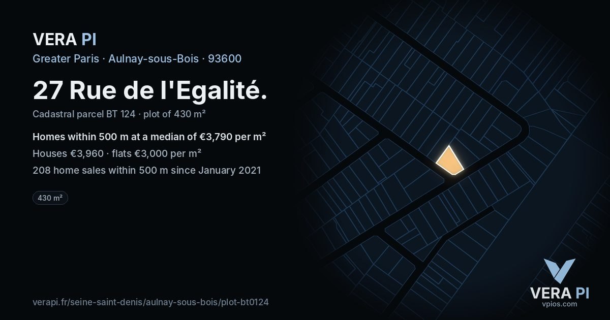 27 Rue de l'Egalité, Aulnay-sous-Bois at night – the plot lit, the parcels around coloured by the prices near them