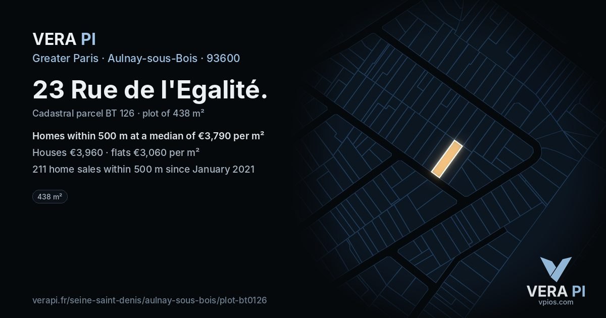 23 Rue de l'Egalité, Aulnay-sous-Bois at night – the plot lit, the parcels around coloured by the prices near them