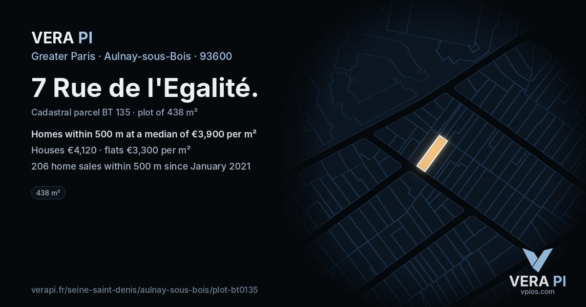 7 Rue de l'Egalité, Aulnay-sous-Bois at night – the plot lit, the parcels around coloured by the prices near them