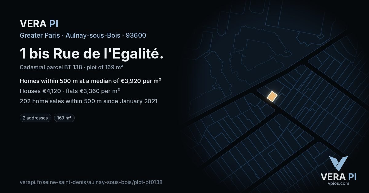 1 bis Rue de l'Egalité, Aulnay-sous-Bois at night – the plot lit, the parcels around coloured by the prices near them