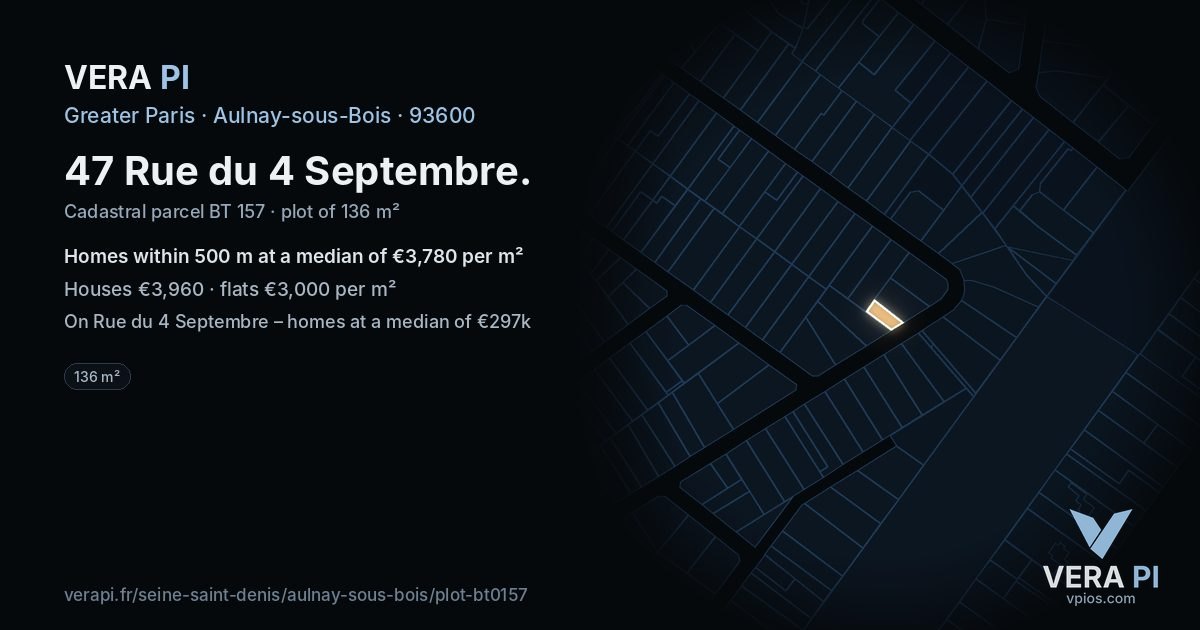 47 Rue du 4 Septembre, Aulnay-sous-Bois at night – the plot lit, the parcels around coloured by the prices near them