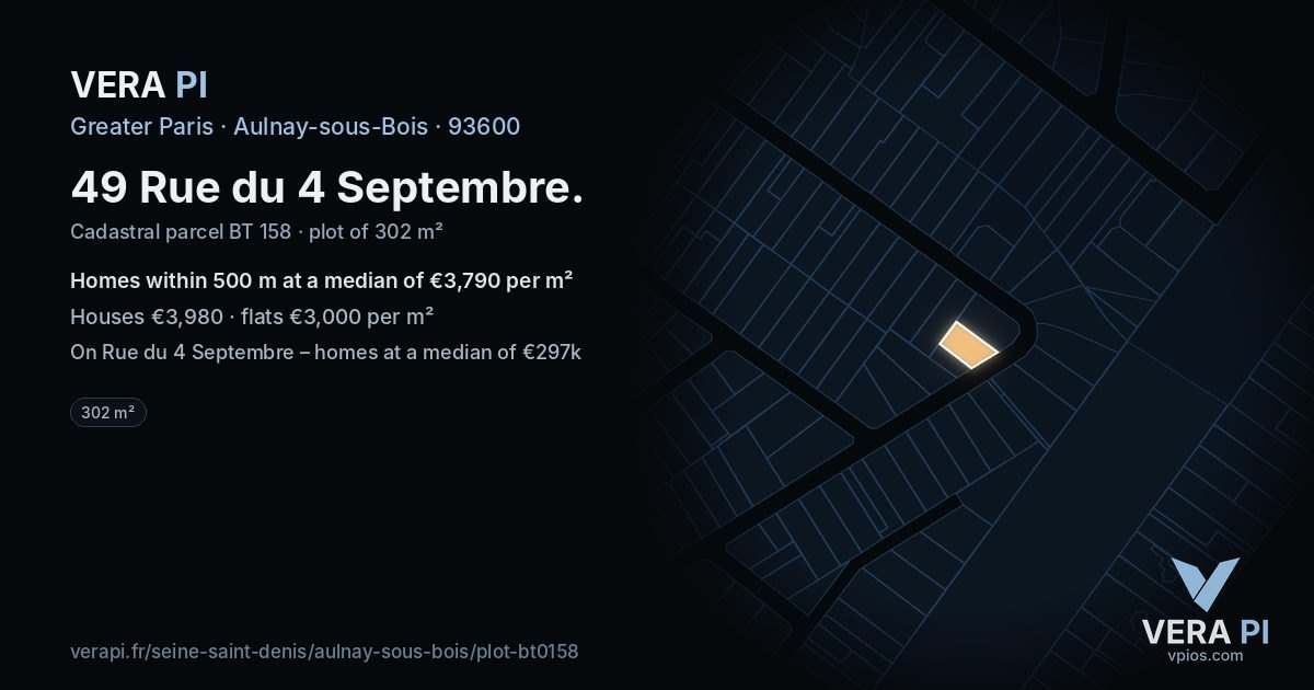 49 Rue du 4 Septembre, Aulnay-sous-Bois at night – the plot lit, the parcels around coloured by the prices near them