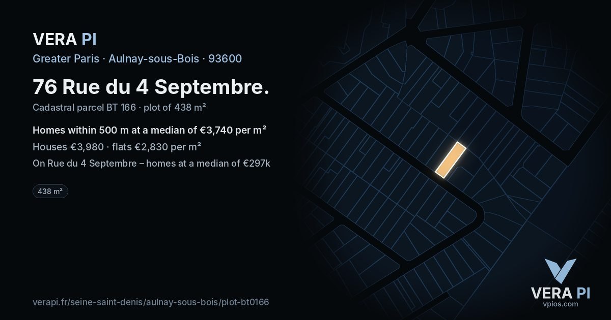 76 Rue du 4 Septembre, Aulnay-sous-Bois at night – the plot lit, the parcels around coloured by the prices near them