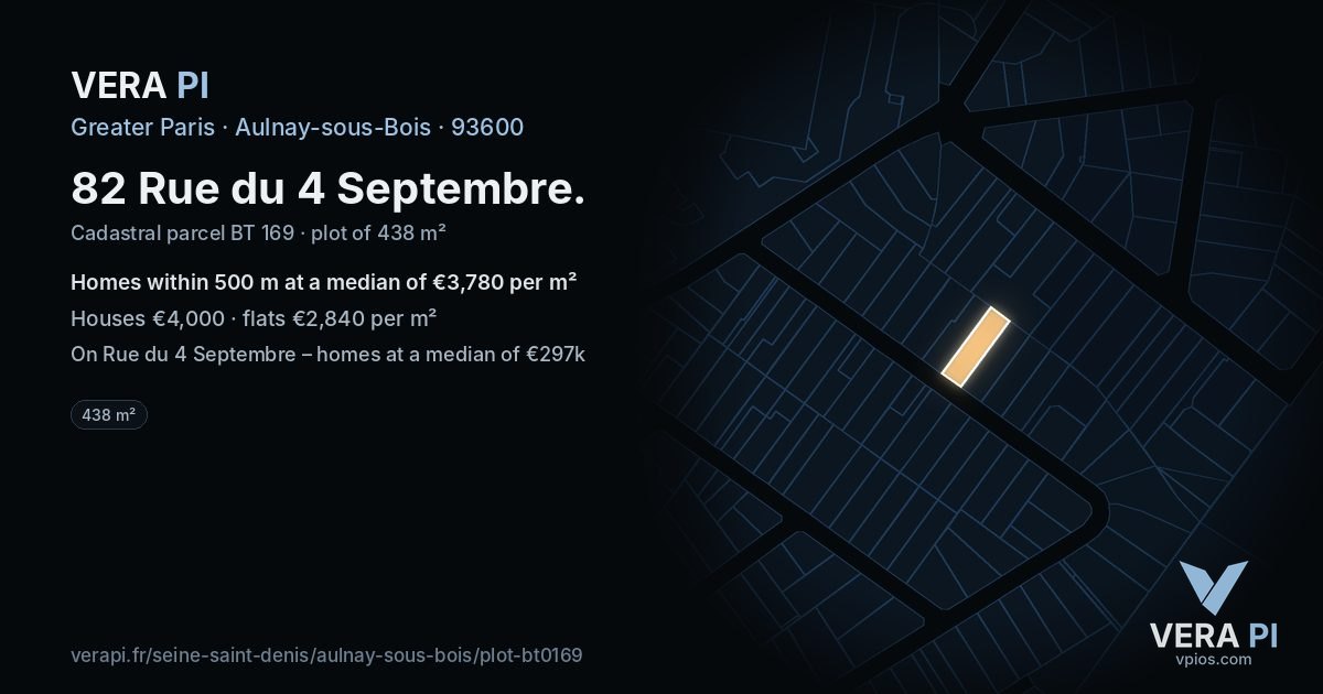 82 Rue du 4 Septembre, Aulnay-sous-Bois at night – the plot lit, the parcels around coloured by the prices near them