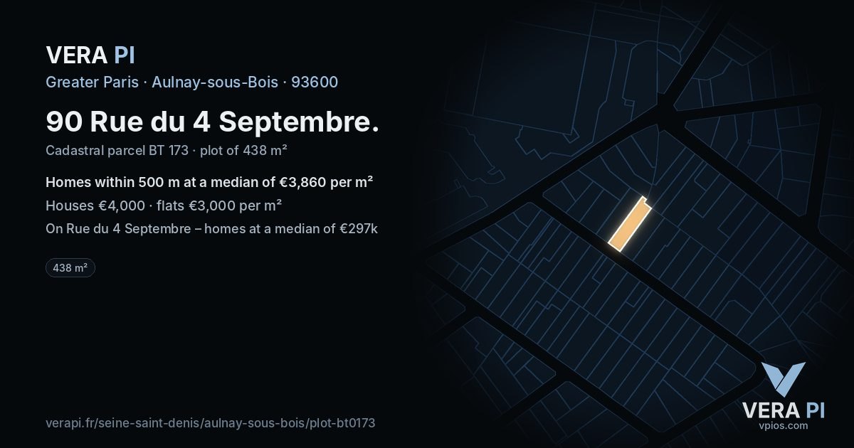 90 Rue du 4 Septembre, Aulnay-sous-Bois at night – the plot lit, the parcels around coloured by the prices near them