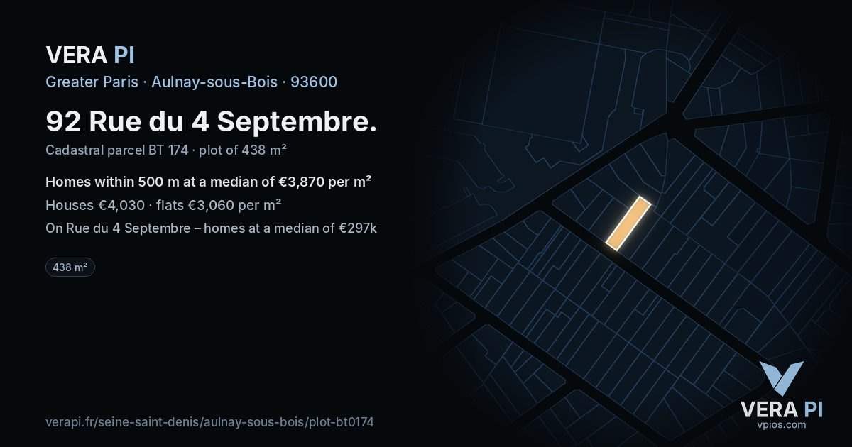 92 Rue du 4 Septembre, Aulnay-sous-Bois at night – the plot lit, the parcels around coloured by the prices near them