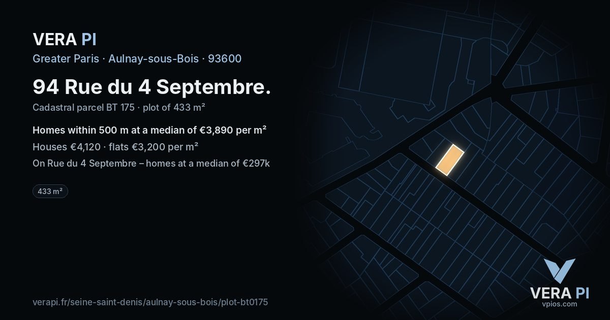 94 Rue du 4 Septembre, Aulnay-sous-Bois at night – the plot lit, the parcels around coloured by the prices near them