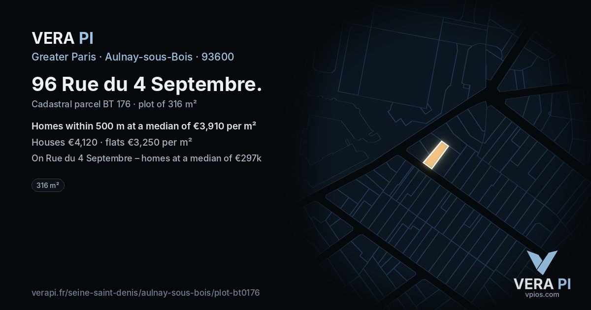 96 Rue du 4 Septembre, Aulnay-sous-Bois at night – the plot lit, the parcels around coloured by the prices near them