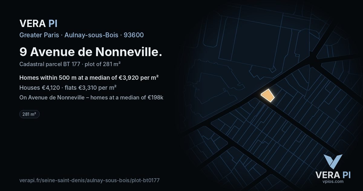 9 Avenue de Nonneville, Aulnay-sous-Bois at night – the plot lit, the parcels around coloured by the prices near them