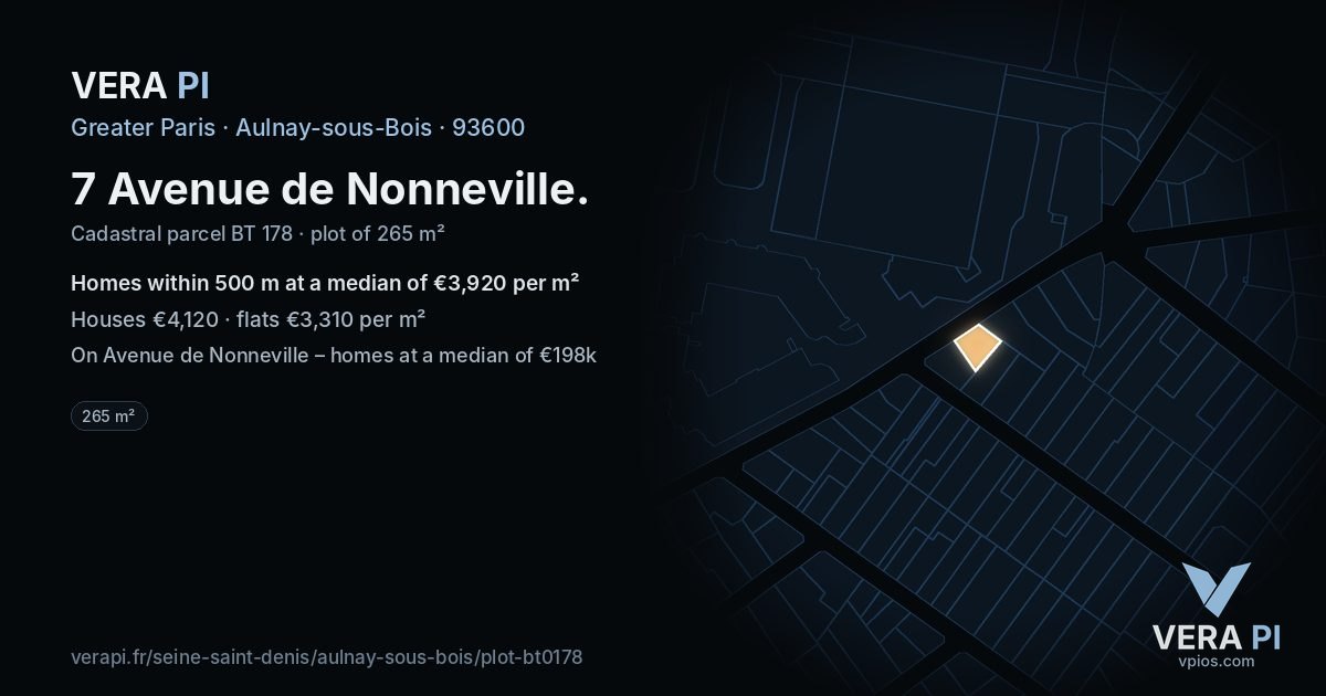 7 Avenue de Nonneville, Aulnay-sous-Bois at night – the plot lit, the parcels around coloured by the prices near them