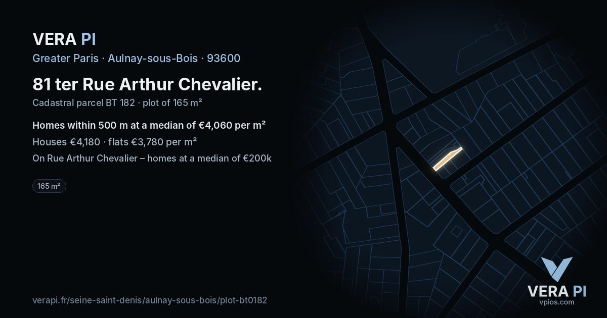 81 ter Rue Arthur Chevalier, Aulnay-sous-Bois at night – the plot lit, the parcels around coloured by the prices near them