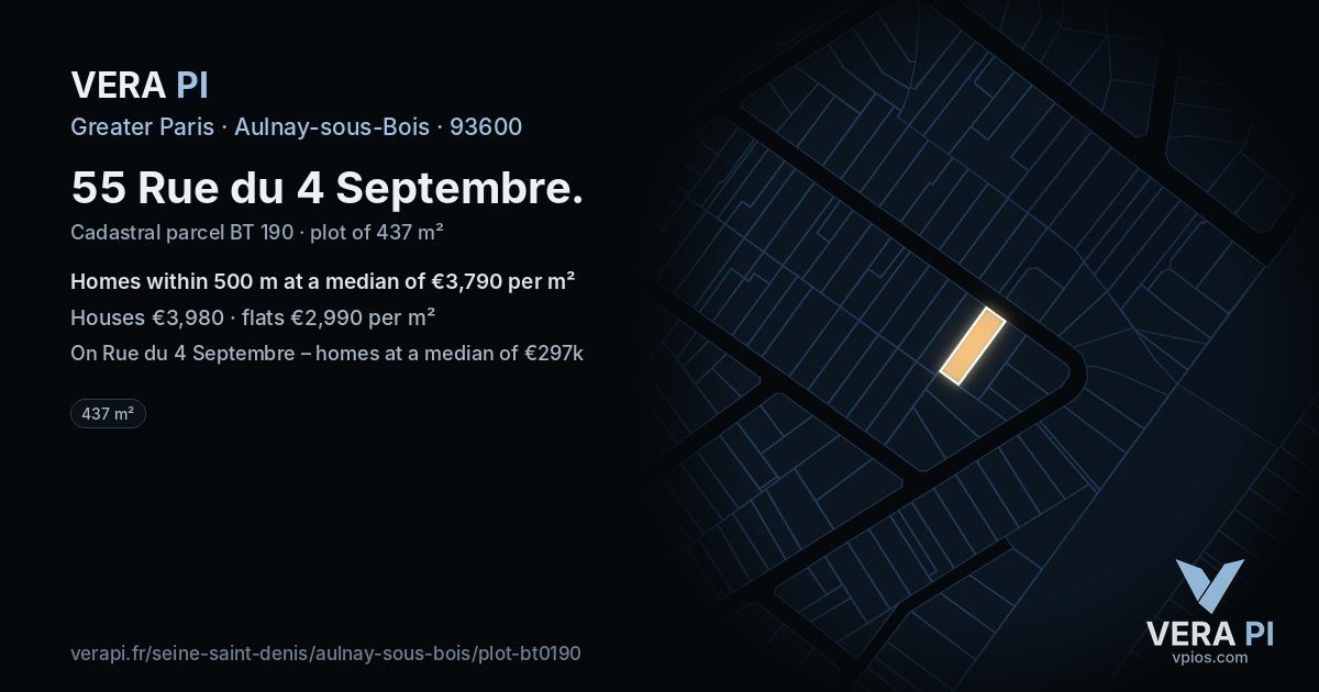 55 Rue du 4 Septembre, Aulnay-sous-Bois at night – the plot lit, the parcels around coloured by the prices near them