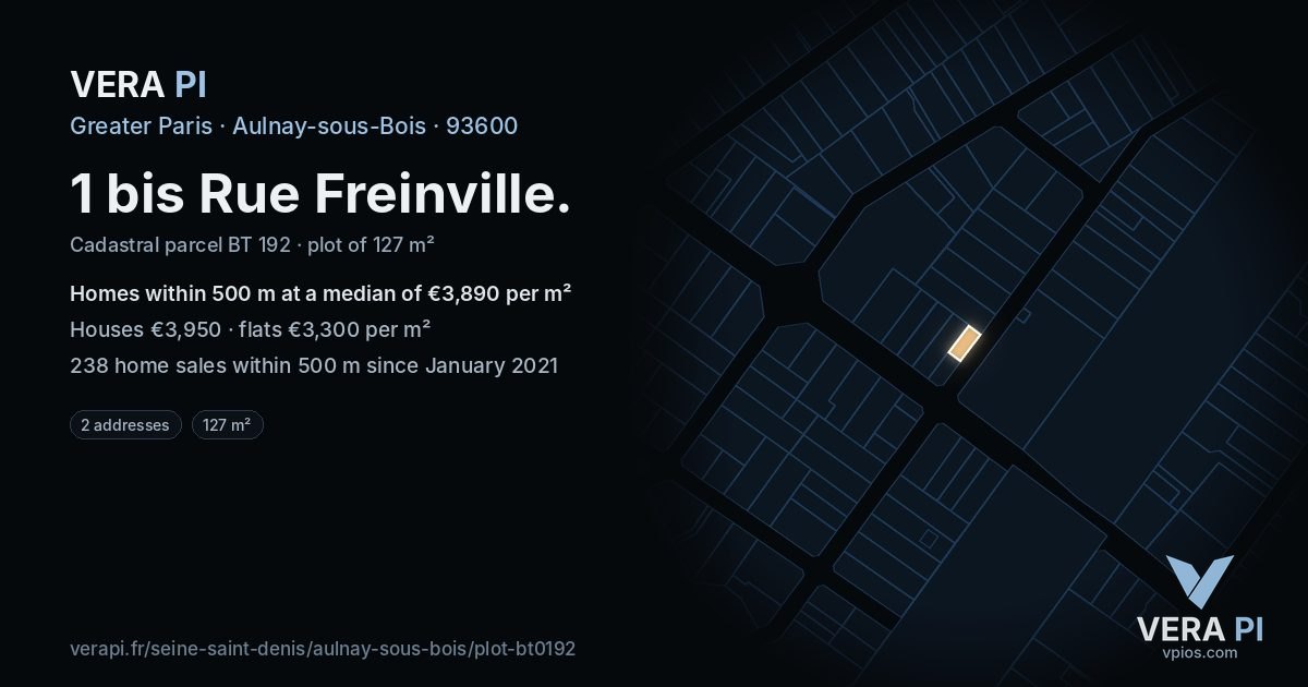 1 bis Rue Freinville, Aulnay-sous-Bois at night – the plot lit, the parcels around coloured by the prices near them