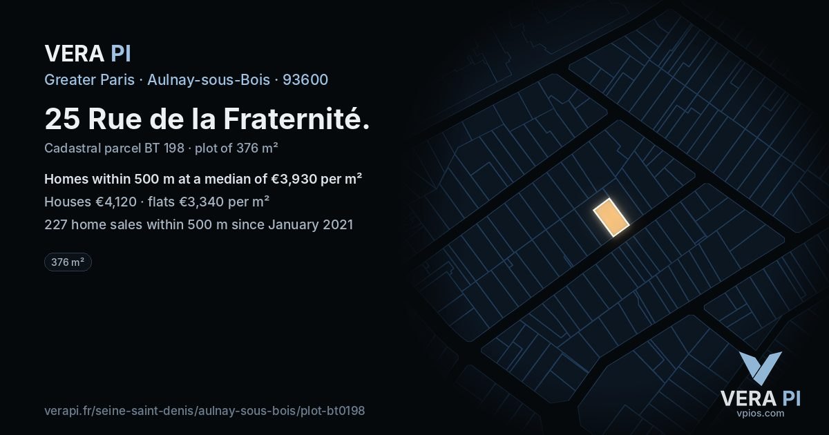 25 Rue de la Fraternité, Aulnay-sous-Bois at night – the plot lit, the parcels around coloured by the prices near them
