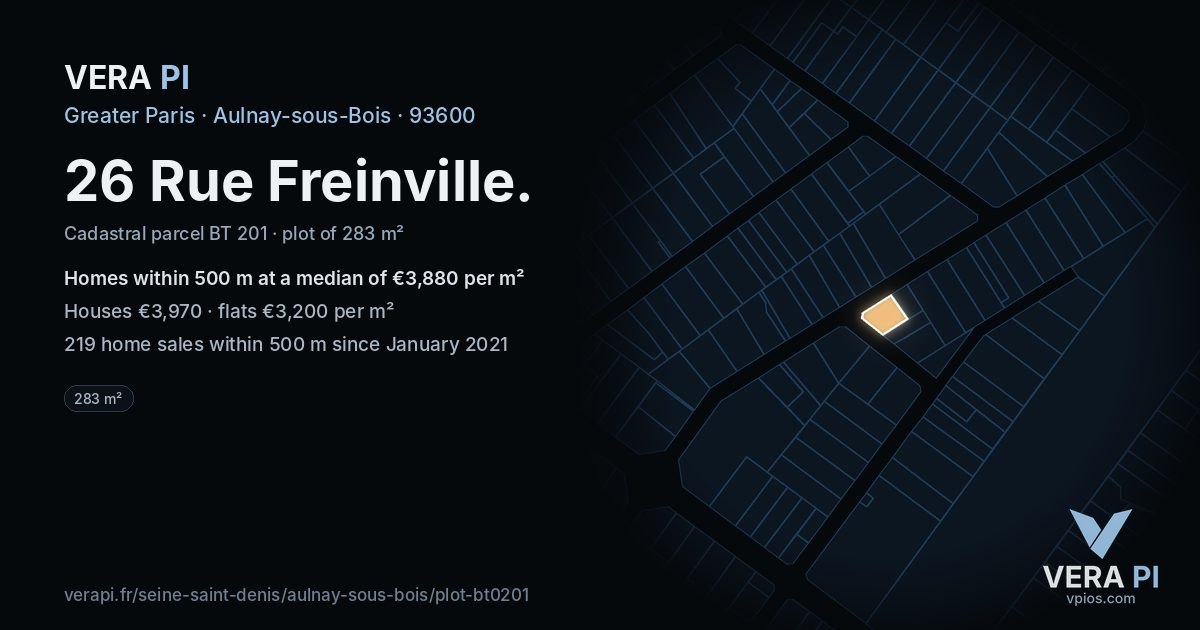 26 Rue Freinville, Aulnay-sous-Bois at night – the plot lit, the parcels around coloured by the prices near them