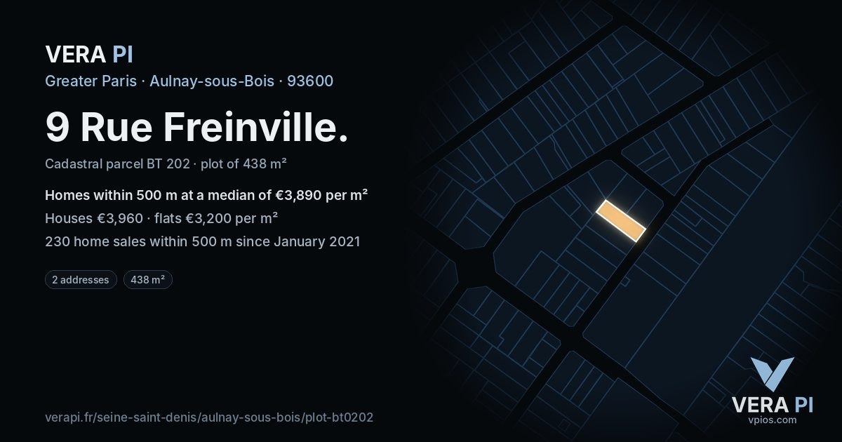 9 Rue Freinville, Aulnay-sous-Bois at night – the plot lit, the parcels around coloured by the prices near them