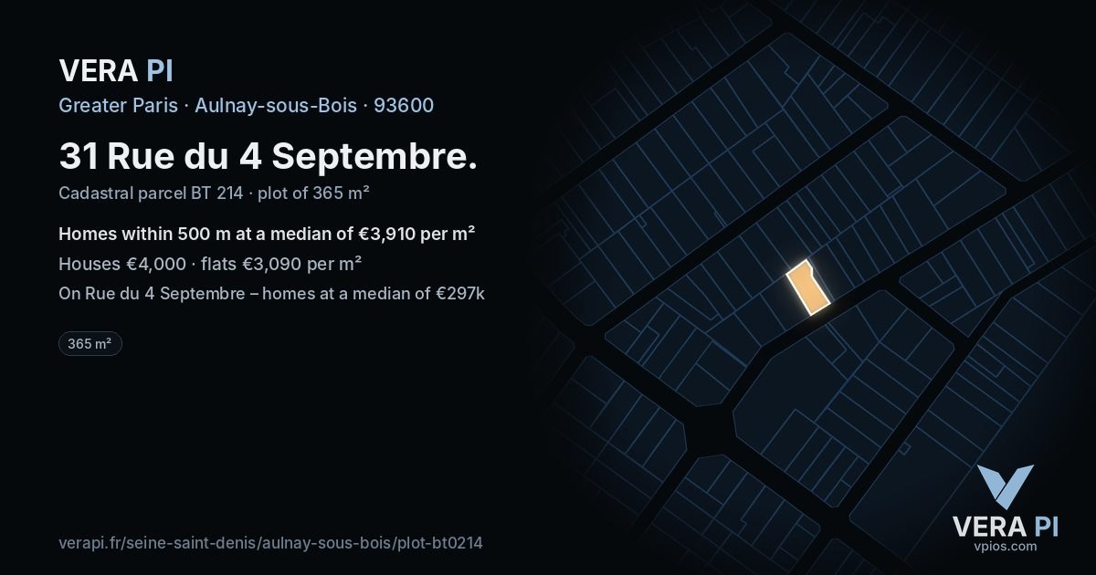 31 Rue du 4 Septembre, Aulnay-sous-Bois at night – the plot lit, the parcels around coloured by the prices near them