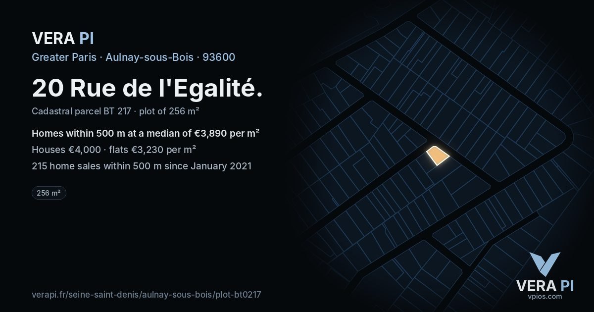 20 Rue de l'Egalité, Aulnay-sous-Bois at night – the plot lit, the parcels around coloured by the prices near them