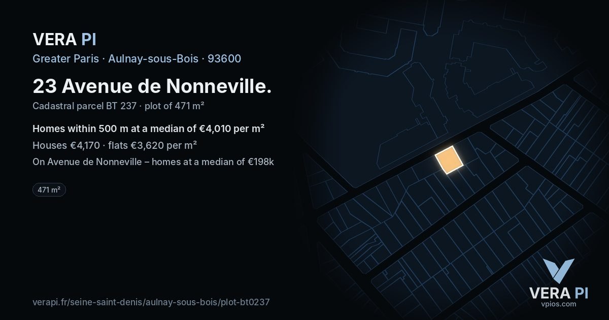 23 Avenue de Nonneville, Aulnay-sous-Bois at night – the plot lit, the parcels around coloured by the prices near them