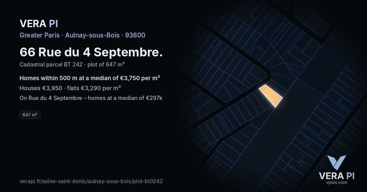 66 Rue du 4 Septembre, Aulnay-sous-Bois at night – the plot lit, the parcels around coloured by the prices near them