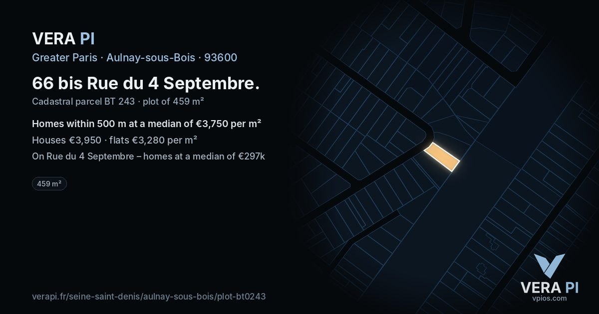 66 bis Rue du 4 Septembre, Aulnay-sous-Bois at night – the plot lit, the parcels around coloured by the prices near them