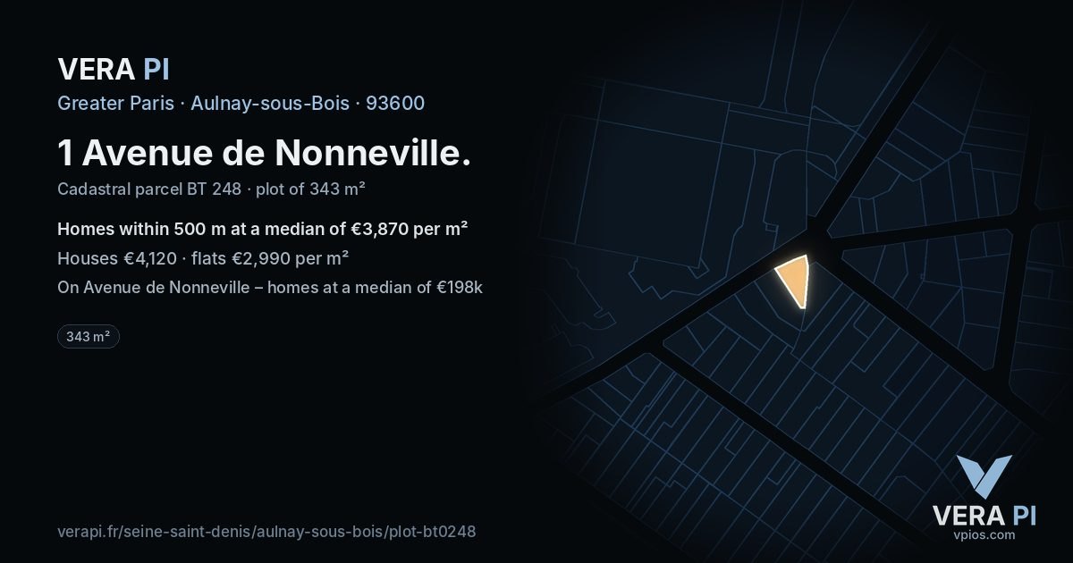 1 Avenue de Nonneville, Aulnay-sous-Bois at night – the plot lit, the parcels around coloured by the prices near them