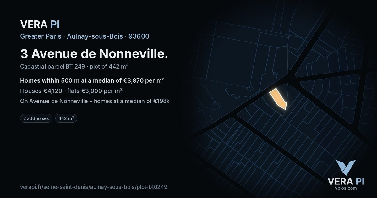 3 Avenue de Nonneville, Aulnay-sous-Bois at night – the plot lit, the parcels around coloured by the prices near them