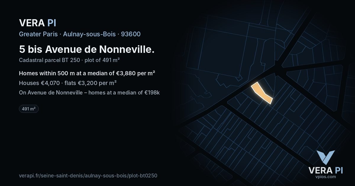 5 bis Avenue de Nonneville, Aulnay-sous-Bois at night – the plot lit, the parcels around coloured by the prices near them