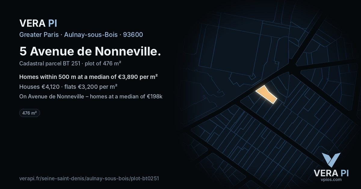 5 Avenue de Nonneville, Aulnay-sous-Bois at night – the plot lit, the parcels around coloured by the prices near them