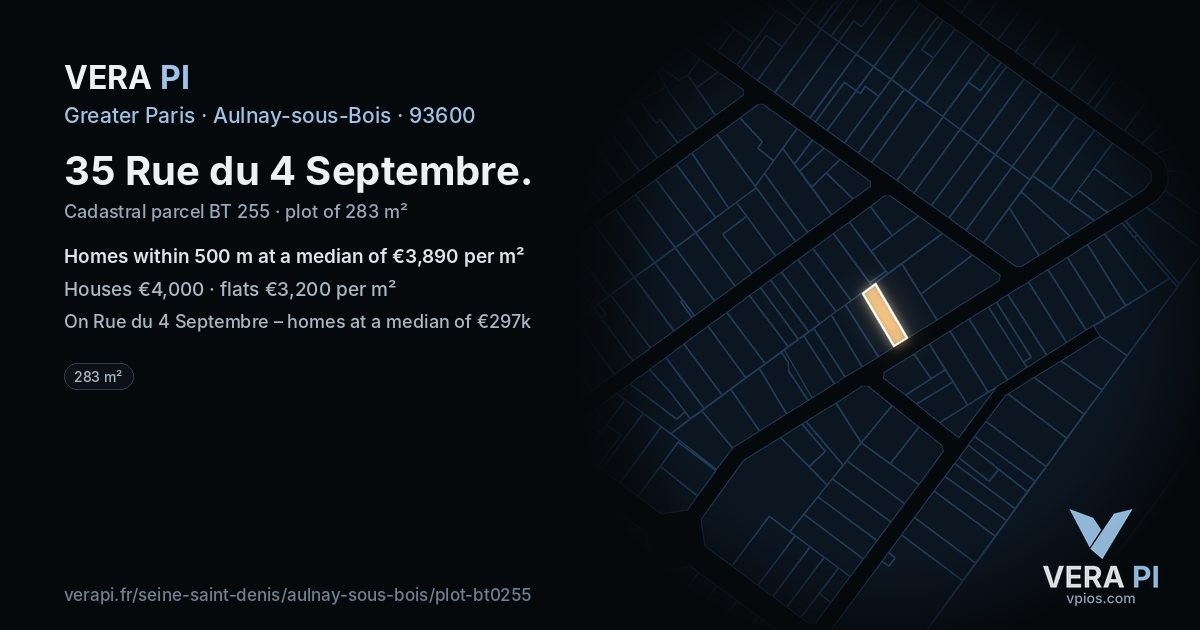 35 Rue du 4 Septembre, Aulnay-sous-Bois at night – the plot lit, the parcels around coloured by the prices near them
