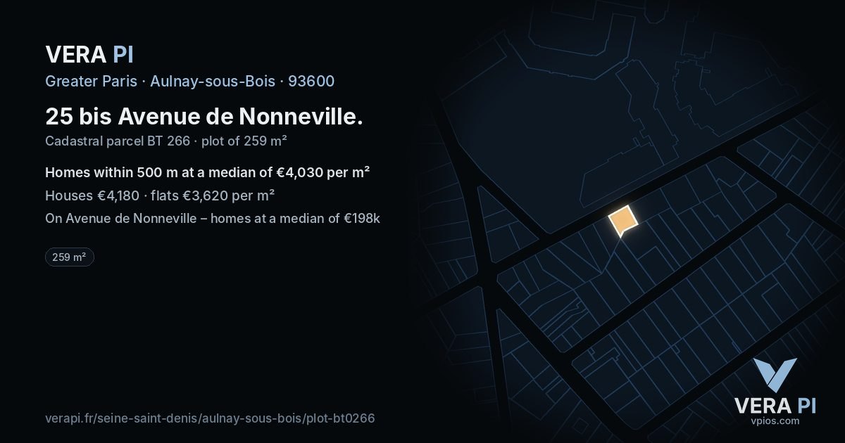 25 bis Avenue de Nonneville, Aulnay-sous-Bois at night – the plot lit, the parcels around coloured by the prices near them