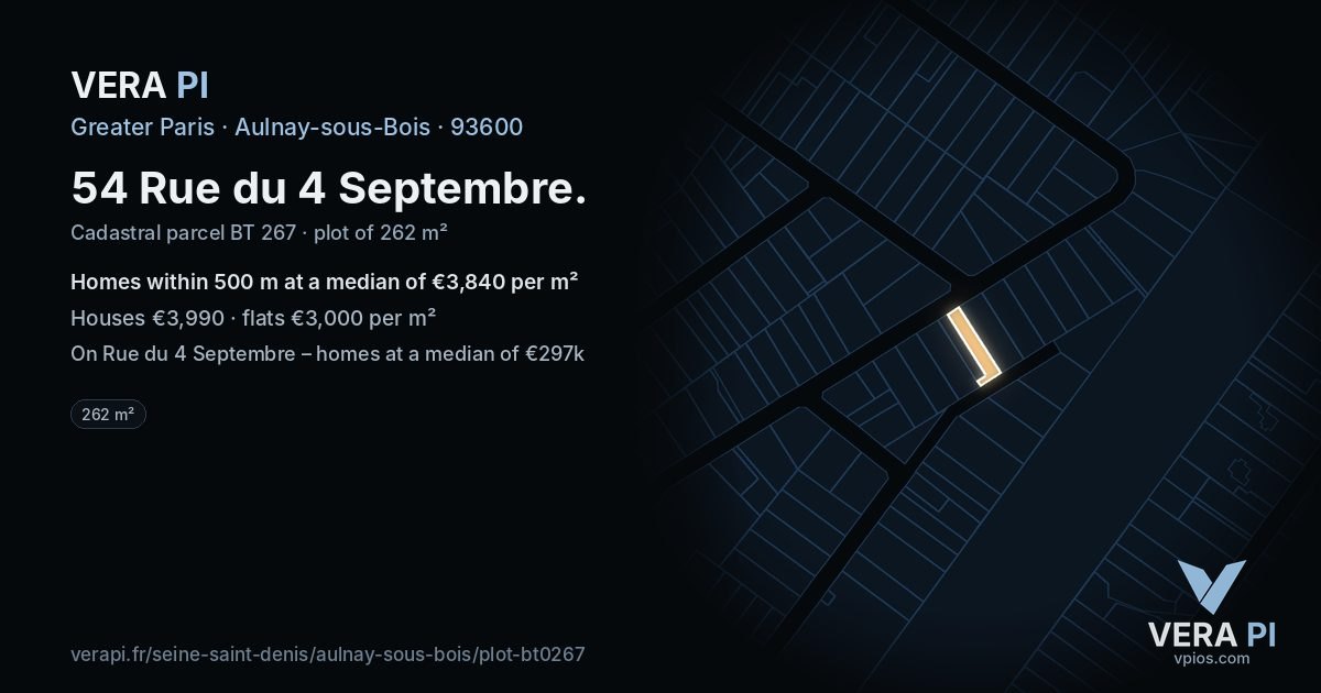 54 Rue du 4 Septembre, Aulnay-sous-Bois at night – the plot lit, the parcels around coloured by the prices near them