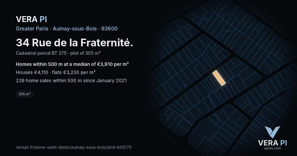 34 Rue de la Fraternité, Aulnay-sous-Bois at night – the plot lit, the parcels around coloured by the prices near them