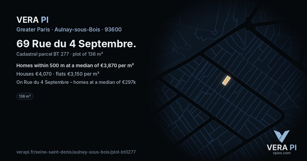 69 Rue du 4 Septembre, Aulnay-sous-Bois at night – the plot lit, the parcels around coloured by the prices near them
