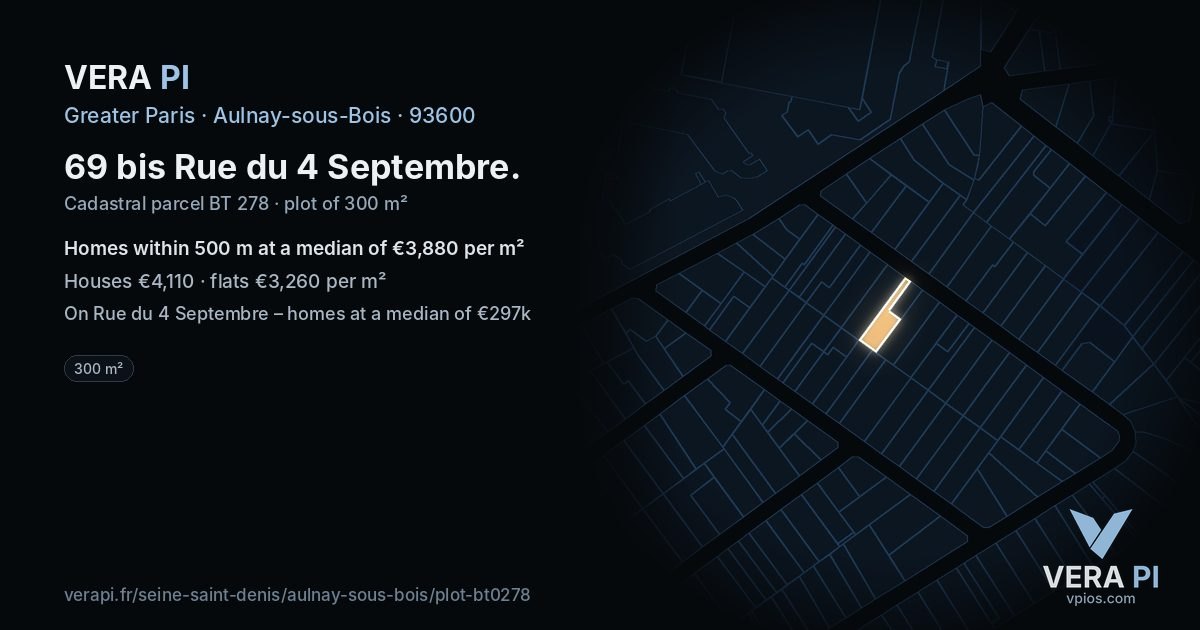 69 bis Rue du 4 Septembre, Aulnay-sous-Bois at night – the plot lit, the parcels around coloured by the prices near them