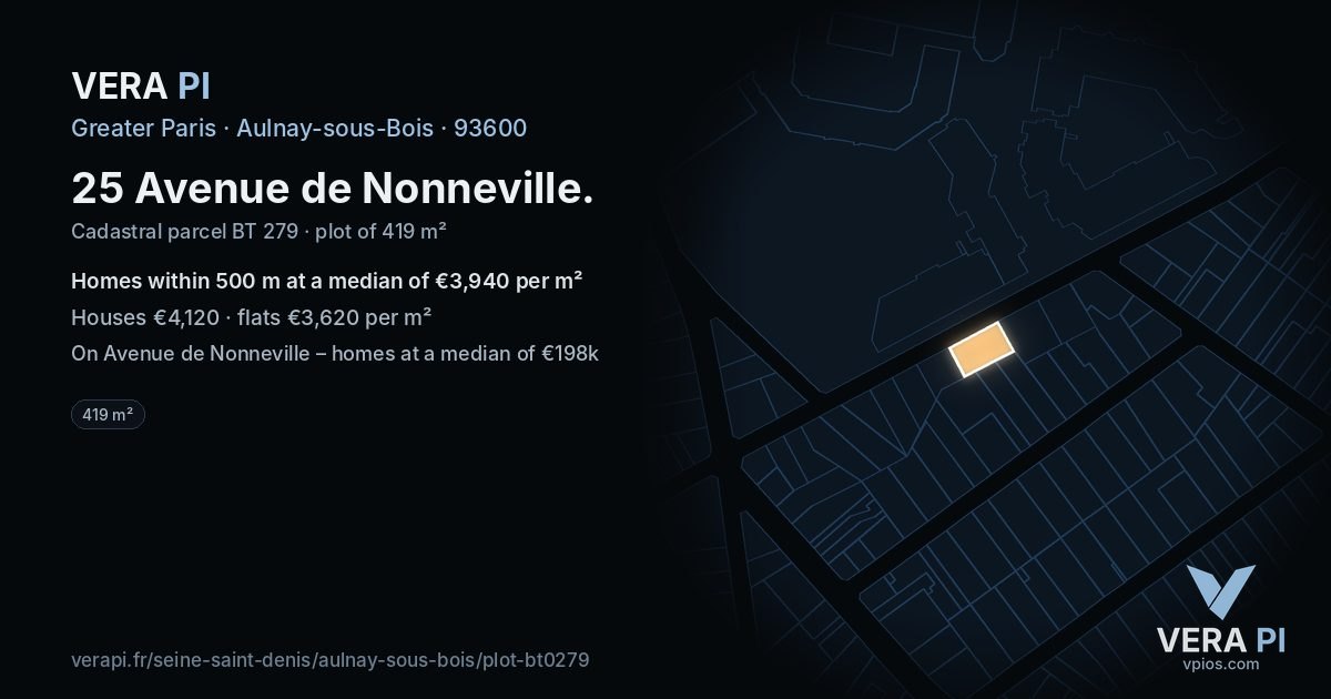 25 Avenue de Nonneville, Aulnay-sous-Bois at night – the plot lit, the parcels around coloured by the prices near them