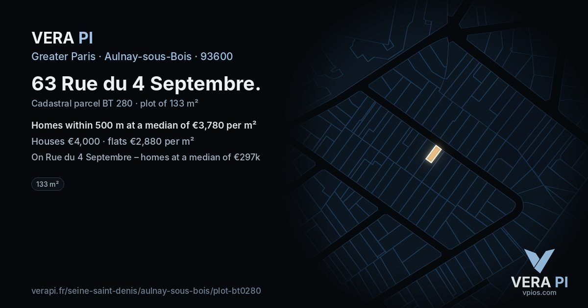 63 Rue du 4 Septembre, Aulnay-sous-Bois at night – the plot lit, the parcels around coloured by the prices near them