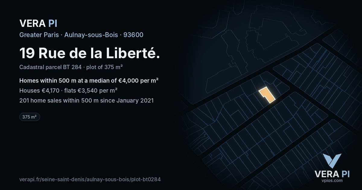 19 Rue de la Liberté, Aulnay-sous-Bois at night – the plot lit, the parcels around coloured by the prices near them