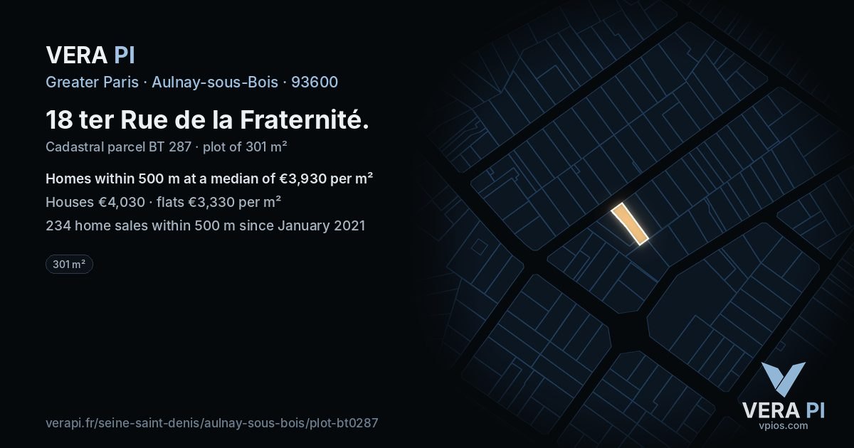 18 ter Rue de la Fraternité, Aulnay-sous-Bois at night – the plot lit, the parcels around coloured by the prices near them