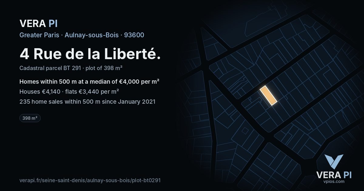 4 Rue de la Liberté, Aulnay-sous-Bois at night – the plot lit, the parcels around coloured by the prices near them