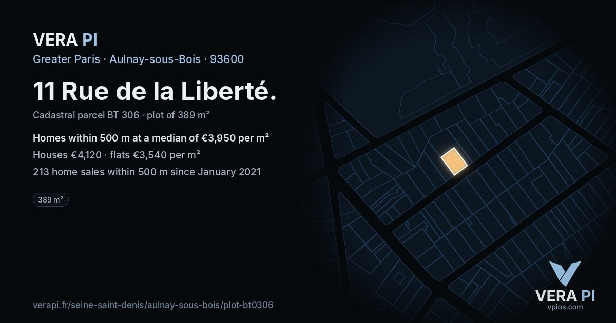 11 Rue de la Liberté, Aulnay-sous-Bois at night – the plot lit, the parcels around coloured by the prices near them
